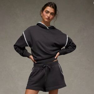 AE Black White Contrast Stitch Soft Cozy Fleece Lounge Shorts with Pockets